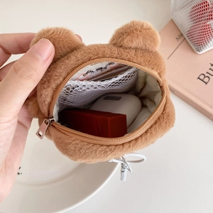 Brown plush bear mini pouch with zipper opening showing internal mesh pocket for storage