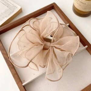 Détails de la pince à cheveux en organza champagne avec des couches de tissu plissé fin