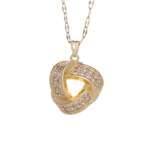 Elegant 14K gold-plated necklace with a geometric triangle knot pendant and white zircons