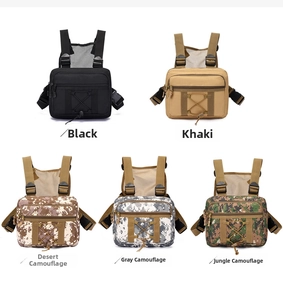 Detailed comparison of tactical chest bags in black, khaki and camouflage color options