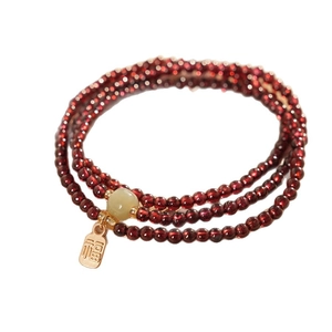 New Chinese style red garnet and Hetian jade beaded bracelet with gold Fu tag charm