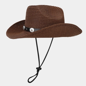 Western Wide Brim Cowboy Straw Hat With Leather Band And Metal Concho Sun Protection Adjustable Wind Rope Beach Vacation