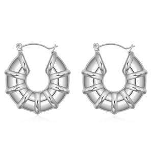 Minimalist silver U-shaped hoop earrings with retro ribbed texture in stainless steel