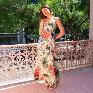 French vintage floral sundress in beige with colorful flower prints for summer outdoor style