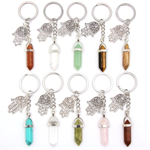 Vintage Hamsa Hand Crystal Hexagonal Prism Keychain Natural Stone Bag Charm Hollow Alloy Amulet Key Ring Jewelry For Women Men