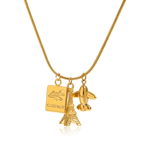18K gold plated stainless steel necklace with passport Eiffel Tower and airplane charms
