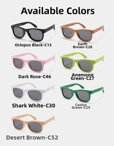 Detail view of colorful silicone toddler sunglasses in seven different matte color options