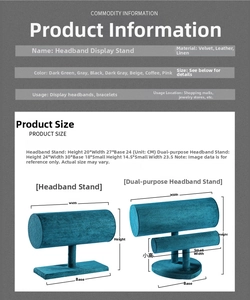 Detailed size chart for headband and jewelry display stands with dimensions and measurements