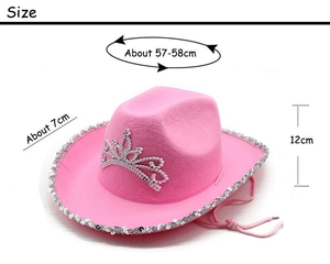 Detailed size specifications for the pink cowboy hat with silver crown and sequins