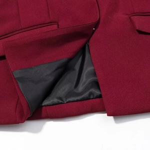 Elegant wine red blazer suit set with premium feather cuffs and sophisticated side pockets