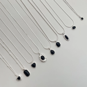 925 silver necklaces set with black onyx pendants in heart, oval and teardrop shapes