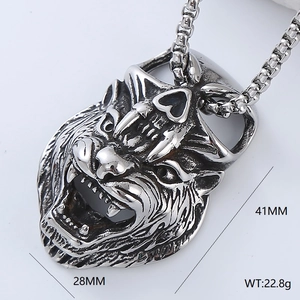 Detailed technical drawing of a punk wolf head pendant showing 41mm height and 28mm width