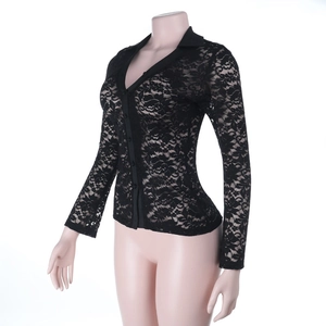 Close-up of black lace polo cardigan with turn-down collar and button front detail