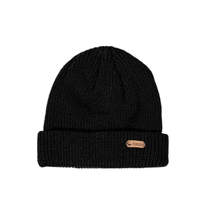 Classic black knitted beanie for kids featuring a brown leather deer patch for winter warmth