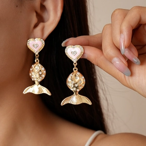 Heart Fish Drop Earrings Alloy Rhinestone Enamel With 925 Sterling Silver Earring Post Elegant Jewelry For Women