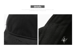 Detail view of distressed cotton baseball cap showing frayed edges and quality stitching