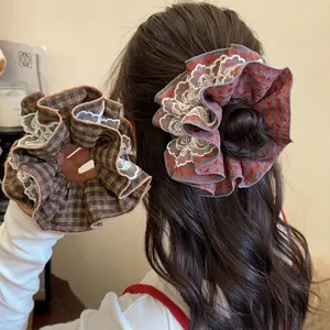 Oversized Plaid Scrunchies With Lace Edge Vintage Korean Style Hair Ties Sweet Retro Fabric Ponytail Holder For Women