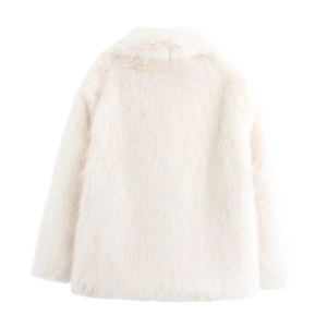 Back view of cream white faux fur coat with fluffy texture on plain white background