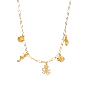 Golden stainless steel paperclip necklace with shell, starfish and octopus charms