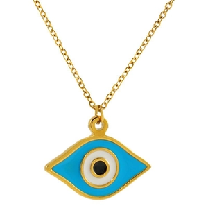Golden titanium steel necklace with blue enamel evil eye pendant for women on white background