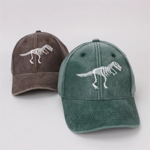 Kids vintage washed cotton baseball cap with dinosaur skeleton embroidery in two colors