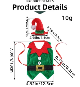 Detailed size chart of Christmas elf wine bottle outfit with dimensions and weight info