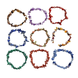 Set of 9 colorful irregular natural stone crystal bracelets on a clean white background