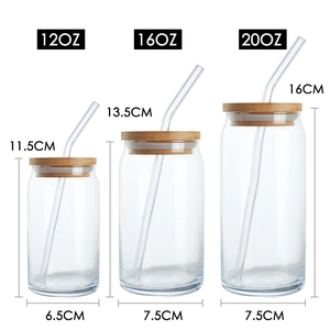 Three sizes of printed glass cans with bamboo lids and straws in 12oz, 16oz, and 20oz