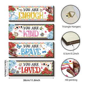 Lot de 4 plaques murales en bois Alice au pays des merveilles avec citations inspirantes