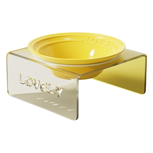 Modern yellow ceramic cat bowl with elevated acrylic stand featuring lovely design