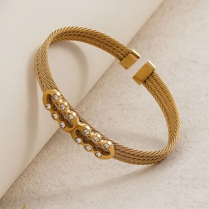 Stainless Steel Cable Bangle For Women Three Row Wire Inlaid Rhinestone Open Cuff Fashion Jewelry Gift
