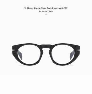 Detail of glossy black round frames with silver accents and clear anti-blue light lenses