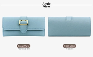 Front and back detail of light blue pebble leather long wallet with gold buckle closure