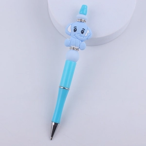Close-up of blue cartoon elephant silicone bead pen with sparkling rhinestone ring accents