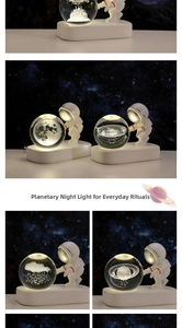 Close-up of 3D laser-engraved crystal ball night light with astronaut LED base detail