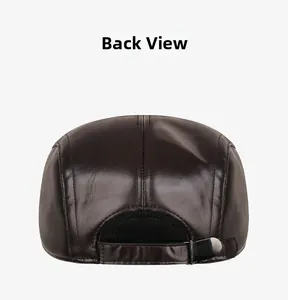 Rear view of brown PU leather flat cap with adjustable metal buckle and stitching details