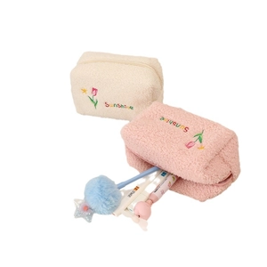 Cute plush tulip cosmetic bags in white and pink with soft lamb wool finish