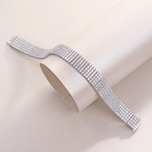 Detailed view of silver five-row tennis bracelet with sparkling pavé-set stones