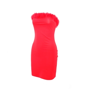 Detail view of the red bodycon dress featuring a strapless neckline with feather trim