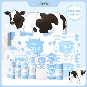 Detailed view of milk protein skincare set including cleanser, cream, and serum packaging