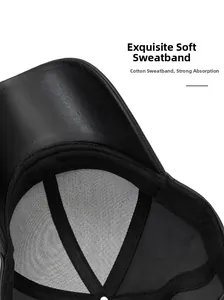 Detailed macro view of the soft cotton sweatband and inner stitching of the PU leather cap