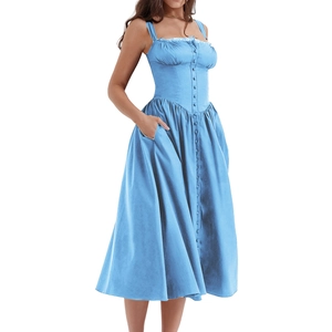 Détail d'une robe trapèze bleu clair avec fines bretelles et boutons à l'avant