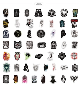 Detail of waterproof punk gothic stickers featuring skulls and mystical symbols in a grid