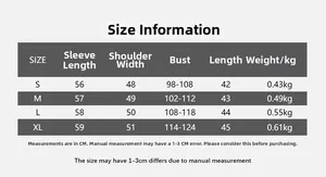 Detailed size chart for black faux leather jacket showing measurements in cm and weight