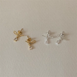 925 Sterling Silver bow stud earrings with sparkling zircon in gold and silver colors