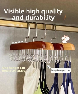 Detailed view of wooden hanger with stainless steel hooks for camisoles and ties