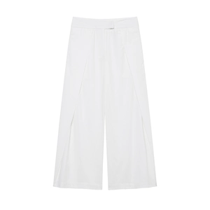 White linen blend wide-leg trousers with front pleats in a flat lay minimalist style