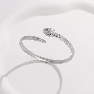 Detailed view of silver snake bangle featuring realistic scales and polished finish