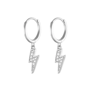 Sparkling lightning bolt charm hoop earrings in silver with diamond-like pavé crystal stones