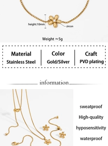 Detail view of gold floral stainless steel necklace set with PVD plating and zircon height 10mm